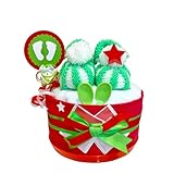 MomsStory - mini Windeltorte Weihnachten | Baby-Geschenk zur Geburt Taufe Babyshower | 1 Stöckig (Rot-Grün) mit Baby-Strickschuhchen Spucktuch & mehr