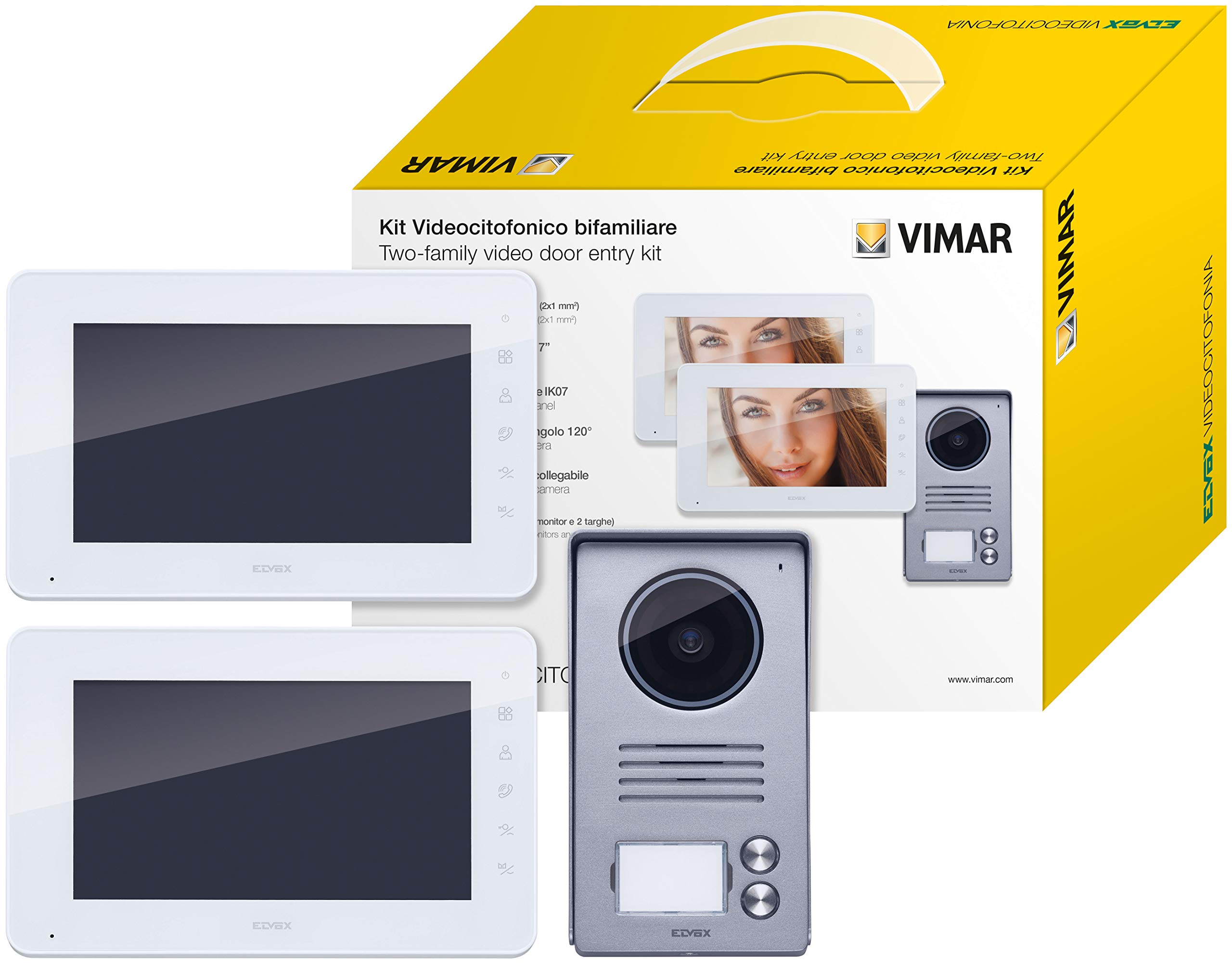 VIMAR K40931 Videosprechanlage-Set enthält Freisprech-Videohaustelefon LCD 7in kapazitivem Tastatur, 2-Taste Klingeltableau Regenschutz, Netzgerät, mit Zubehöre für AP-Einbau, 2 Wohnungen/Familien