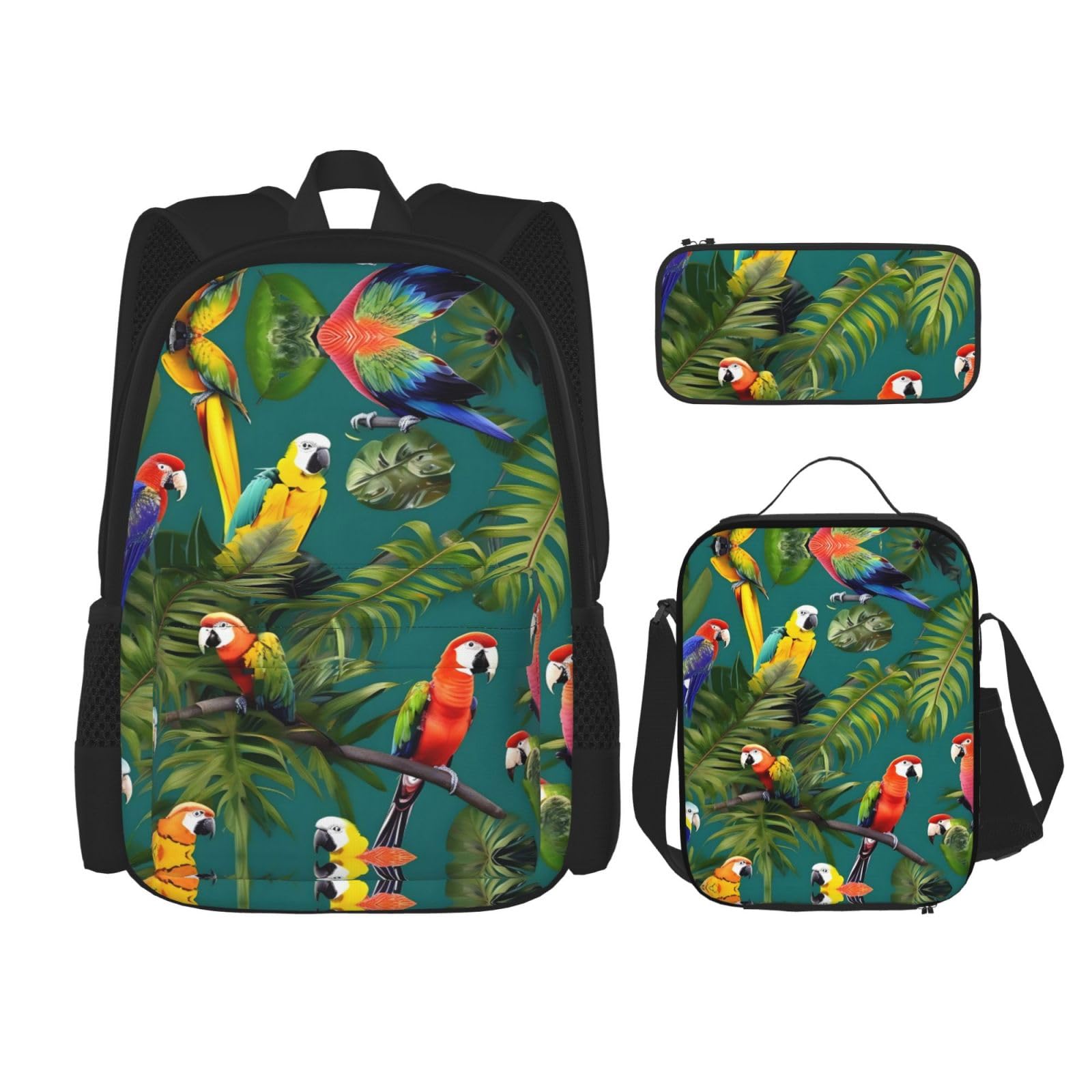 NEZIH Tropische Pflanzen und Papageien drucken langlebig, leicht, große Büchertasche, verstellbare Riemen, Rucksack mit Lunchbox und Federmäppchen,