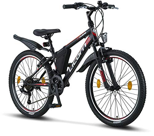 Licorne Bike Guide Premium Mountainbike in 24 Zoll - Fahrrad für Mädchen, Jungen, Herren und Damen - Shimano 21 Gang-Schaltung - Schwarz/Rot/Grau