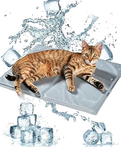 PiuPet® Kühlmatte Katzen 40x50cm I 2 Designs in 1 I Beidseitig nutzbar I Kühldecke Katze I Katzenmatte grau I Kühlmatte für Hunde & Katzen I Kühldecke für Katze