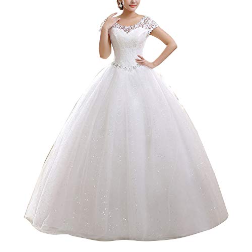 GELing Damen Hochzeitskleid Brautkleid Runde Ausschnitt Kurzarm Lange Spitzen Abendkleider Weiß EU 34