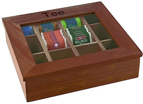 APS große Teebox mit 12 Kammern ca. 30 x 28 cm, Höhe 9 cm rot-braune Holzbox mit Sichtfenster aus Acryl