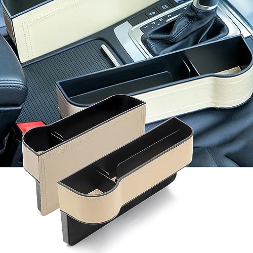 Seitentaschen-Organizer - Autositz Füller Gap Space Console Aufbewahrungsbox Flaschen Getränkehalter Münzsammler mit Loch für USB-Kabel, / Car Interior Zubehör (Beige Leder)