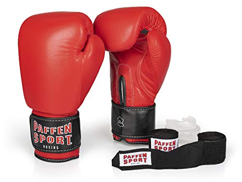 PAFFEN SPORT «Advanced» Box-Bundle, «KIBO Fight» Boxhandschuhe, rot, 10UZ.; «Allround» Bandage schwarz, 3,5 m; «Allround» Zahnschutz, transparent, ohne Mint