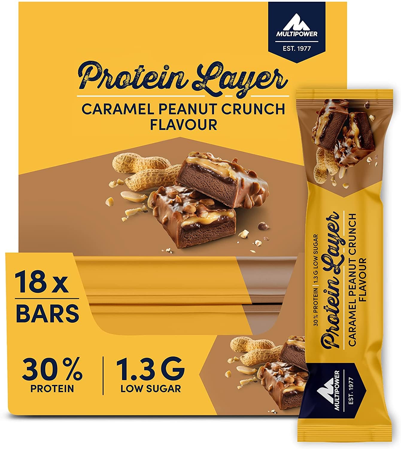Multipower Protein Layer Bar Energieriegel mit 30 % Protein – Fitnessriegel 18 x 50g – Proteinriegel als Sport-Snack – Eiweißriegel mit Caramel Peanut Crunch Geschmack – kalorienarmer Eiweißriegel