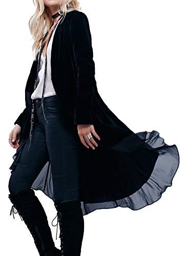 R.Vivimos Damen Samt Rüsche Mantel Slim-Fit Anzug Freizeitjacke Mode Klassisch Schwalbenschwanzsaum (Mittel, Schwarz)