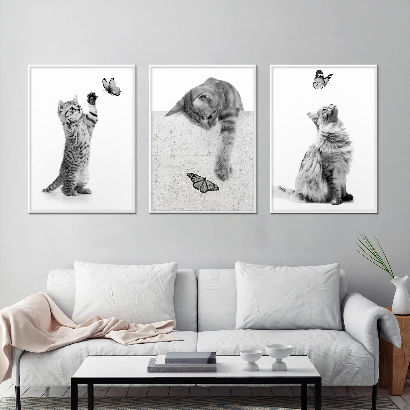CULASIGN 3er Premium Poster Set, Schwarz Weiß Katzen Bilder Moderne Wandbilder, Schwarz-Weiß Leinwand Bild für Wohnzimmer Schlafzimmer Kinderzimmer Wanddeko Art ohne Rahmen (A,50x70cm)