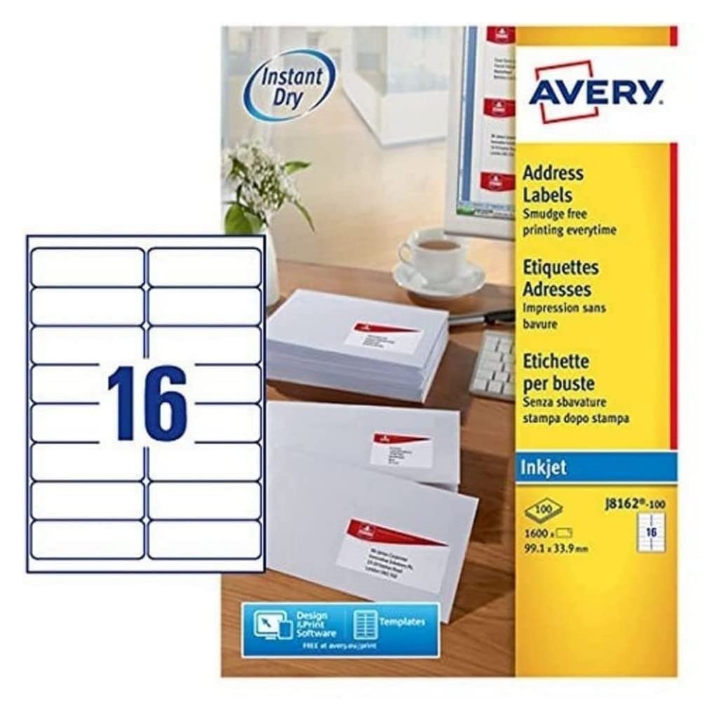 Avery schnelltrocknende Adressetiketten für Tintenstrahldrucker 16 pro Blatt 99,1 x 33,9 mm 1600 Etiketten weiß
