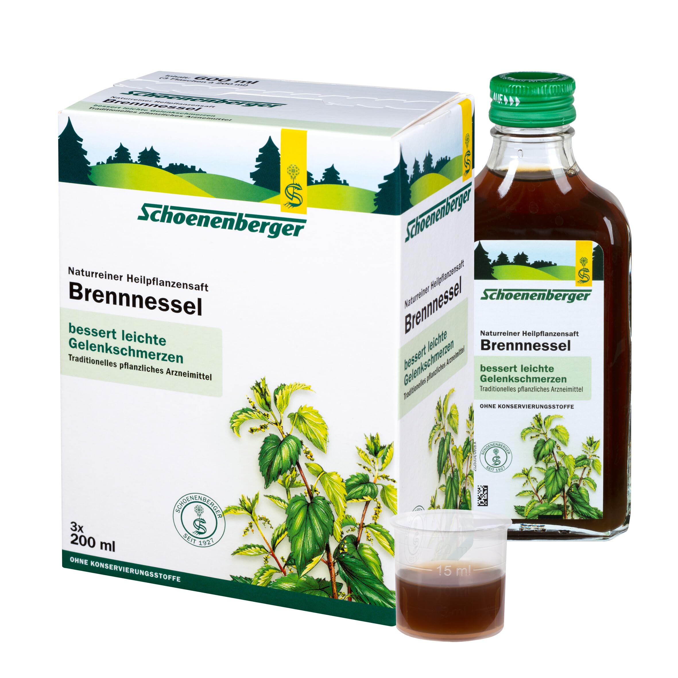 Schoenenberger - Brennnessel naturreiner Heilpflanzensaft - 3x 200 ml Glasflasche - freiverkäufliches Arzneimittel - zur Besserung von leichten Gelenkschmerzen - bio