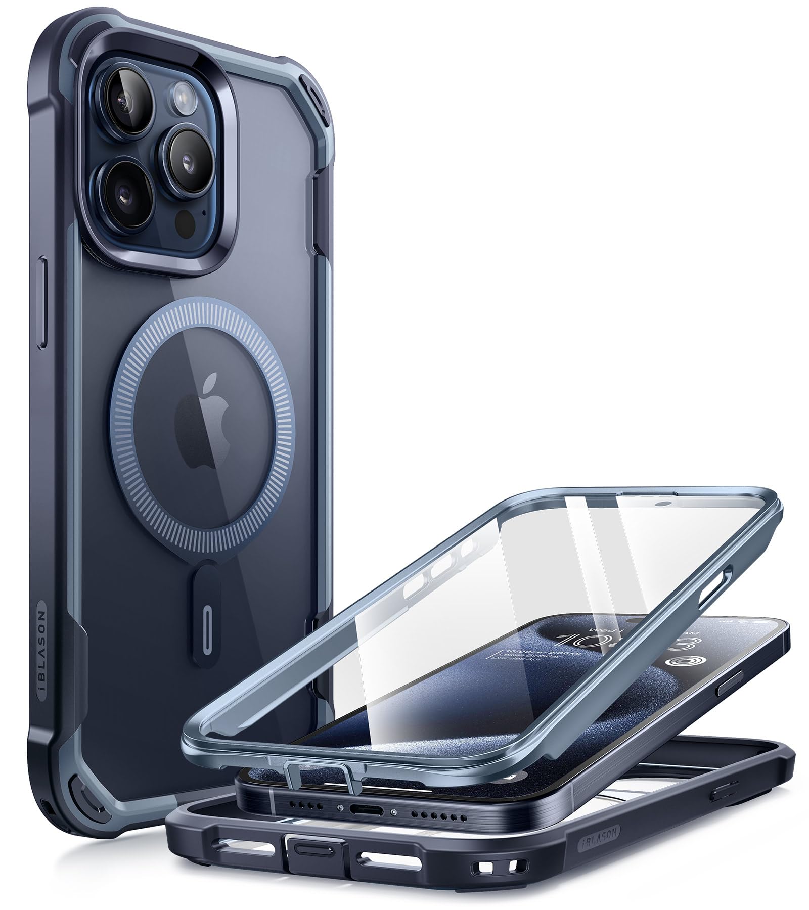 i-Blason Ares Mag Hülle für iPhone 15 Pro (6.1") 2023, Kompatibel mit MagSafe, Bumper Case Transparent Handyhülle Robust Schutzhülle Cover mit integriert Displayschutz, Blau