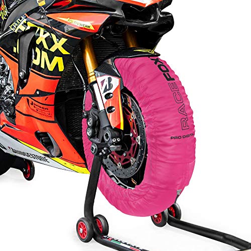 RACEFOXX PRO DIGITAL Reifenwärmer Tyre Warmers bis max. 99° C SUPERBIKE, 120/17 vorne und 180 bis 200/17 hinten für Motorrad Rennsport Heizdecken pink