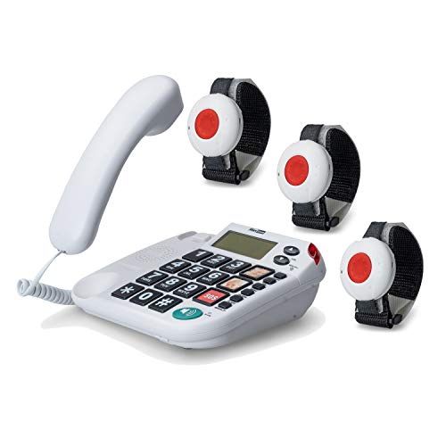 Maxcom KXTSOS: Seniorentelefon mit Funk-Notruf-Sender, schnurgebundenes Festnetztelefon mit 3 Armbandsendern, großen Tasten, Adapterstecker, hörgerätekompatibel