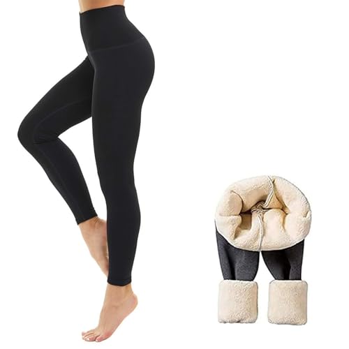LXURY Winter-Leggings aus Lammfell, superdicke Thermo-Leggings aus Kaschmir mit hoher Taille für Damen (Black,M)