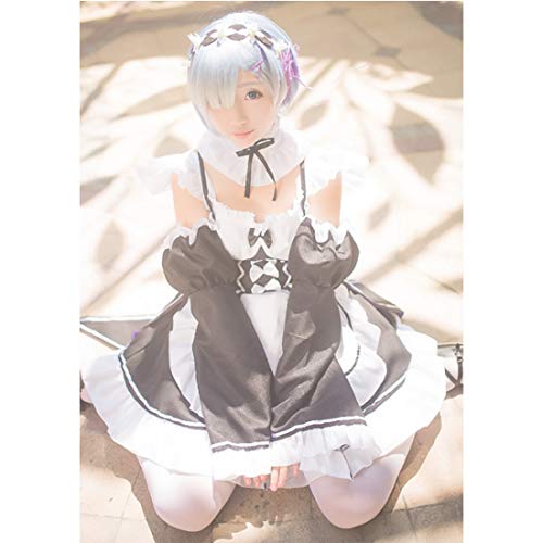 GODNECE Cosplay Uniform Anime, Rem Ram Cosplay Dienstmädchen Outfit Dienstmädchen Uniform Maid Cosplay Kostüm (Re Life in a Different World from Zero) - XL