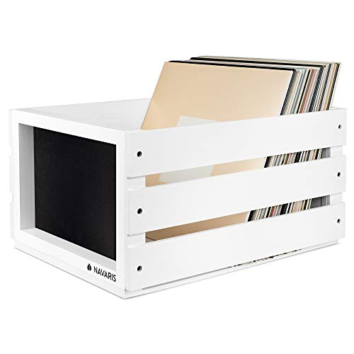 Navaris Holz Schallplatten Kiste mit Kreidetafel - 43,2 x 30,6 x 23cm - für bis zu 80 LP Platten - Vinyl Aufbewahrung Holzkiste - Weiß