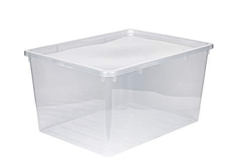 Kreher XXL Aufbewahrungsbox mit Deckel aus Kunststoff in Transparent. Fasst ca. 135 Liter. Maße ca. 78 x 56 x 41 H cm.