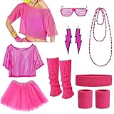 80er Jahre Outfit Damen Set, 80er Jahre Outfit Damen Mottoparty Netzoberteil, Neon 80 Jahre Outfit Party, 80er Jahre Kleidung Kostüm Neon Accessoires (Pink)