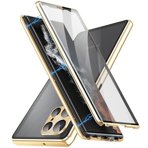 Hülle für Samsung Galaxy S24 Ultra/S24 Plus/S24, Metallrahmen 360 Grad Handyhülle Gehärtetes Glas Aluminium Rahmen Magnet Transparent Case mit Kameraschutz,Gold,S24 Ultra
