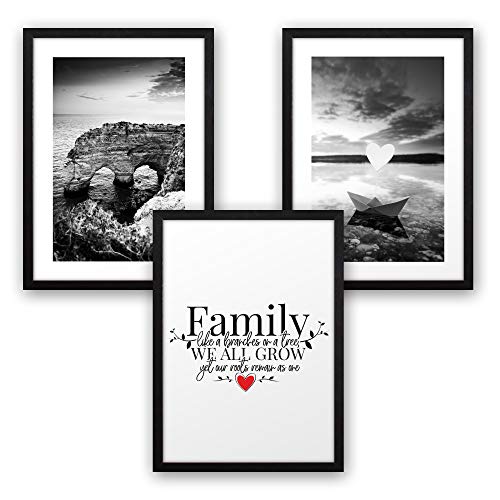 3-teiliges Premium Poster-Set | Kunstdruck | Family | Familie | Deko Bild für Ihre Wand | optional mit Rahmen | Wohnzimmer Schlafzimmer Modern Fine Art | DIN A4 / A3 (A4, schwarzer Rahmen)
