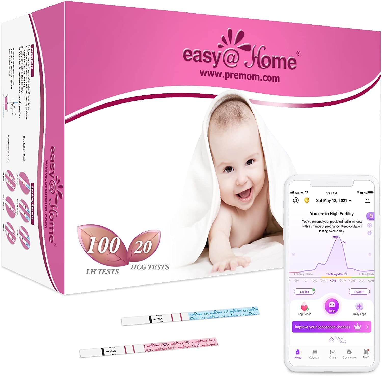 Easy@Home Kinderwunsch 100 x Ovulationstest Fruchtbarkeitstests und 20 x Schwangerschaftstests für Eisprung - Unterstützt von Premom Ovulation APP, 100 LH + 20 HCG Tests