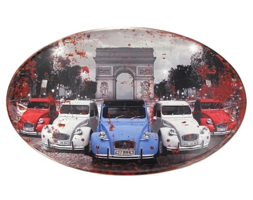 Blechschild, Oval Reklameschild Citroen 2CV in Paris, Auto Wandschild 34x56 cm