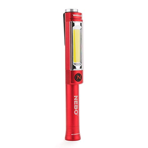 NEBO Big Larry 2 batteriebetriebene Aluminium-Arbeitsleuchte, 500 Lumen, Taschenclip, magnetische Basis für freihändige Beleuchtung, tragbare COB-LED, dimmbare Taschenlampe, Gefahrenlicht, Rot