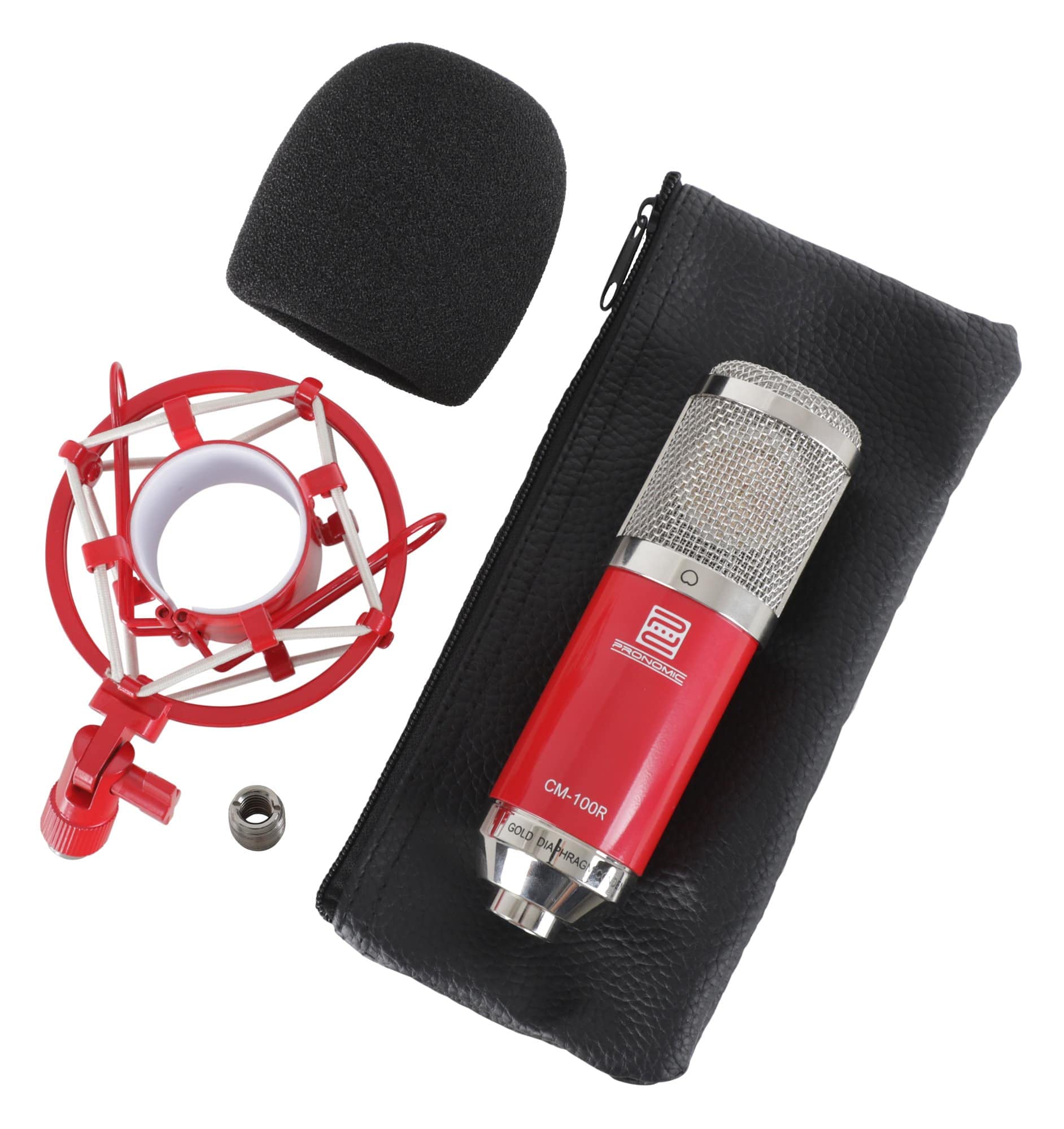 Pronomic CM-100R Studio Großmembranmikrofon XLR-Kondensatormikrofon (mit Mikrofonspinne, Etui, Windschutz, Reduziergewinde) rot