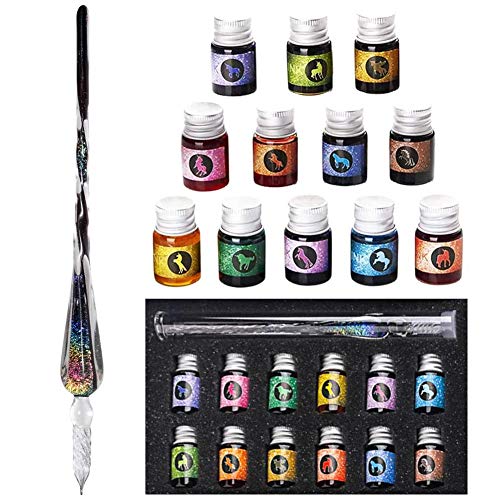 spier Glas-Dip-Pen-Tinten-Set - Kalligraphie-Dip-Stifte Kristallkalligraphie-Pen- und Ink-Set mit 12 bunten Tinten für das Schreiben von Kunstunterschriften