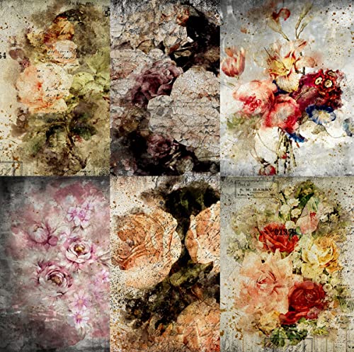 Distressed Bouquet Reispapier, 20,32 x 26,67 cm – 6 x verschiedene bedruckte Maulbeer-Papierbilder, 30 g/m², sichtbare Fasern für Decoupage-Bastelarbeiten, gemischte Medien, Collage-Kunst