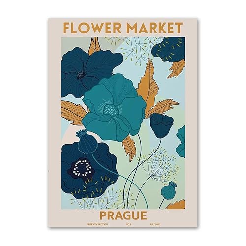 GIBOH Blumenmarkt, buntes Blumen-Poster und Drucke, Vintage-Wandkunst, Prager Stadt, Blaue Leinwandmalerei, ästhetische Bilder für Heimdekoration, 50 x 70 cm x 1, ohne Rahmen