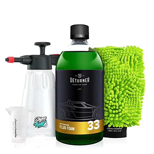 Deturner Fluo Foam Aktivschaum (1L) - Hochkonzentrierter Snow Foam inkl. Waschhandschuh & Schaumsprüher - Für eine schonende Autowäsche - Vorreiniger, Shampoo, pH-neutral, waschen, reinigen | 5-tlg