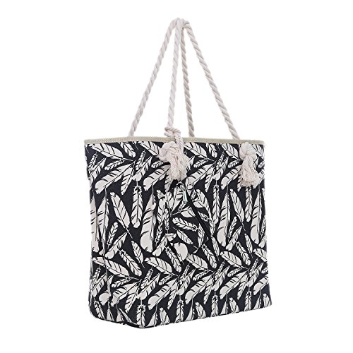 Große Strandtasche mit Reißverschluss 58 x 38 x 18 cm Federn schwarz beige Shopper Schultertasche Beach Style