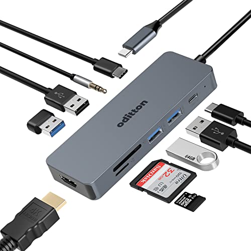 USB C Hub, oditton 10 in 1 USB C Adapter mit 4K HDMI, 4 USB Anschlüssen zum Flash Drive, USB C 3.0, SD/TF Kartensteckplatz, 3.5mm Audio, USB C Ladeanschluss zum MacBook und mehr Typ-C Geräte