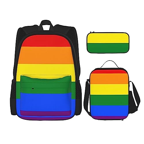 PartyUnix Regenbogen Rucksack 3-teilig Schulranzen mit Brotdose und Federmäppchen Set =>> geeignet für Jungen und Mädchen, Schwarz , Einheitsgröße, Kinderrucksack
