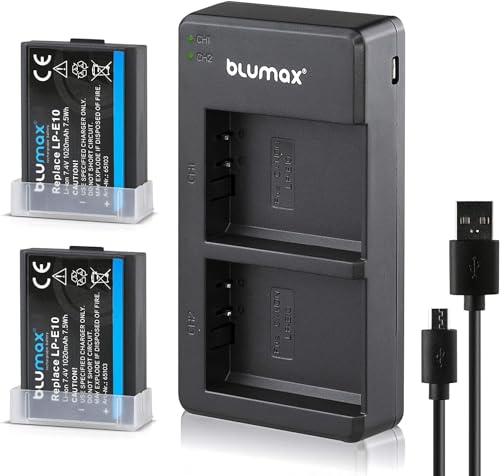 Blumax 2X Akku + Slim Dual-Ladegerät LC-E10e Netzteil Ladegerät für Canon LP-E10 1020mAh kompatibel mit Canon EOS 1100D 1200D 1300D | EOS Rebel T3-T5-T6 1020mAh