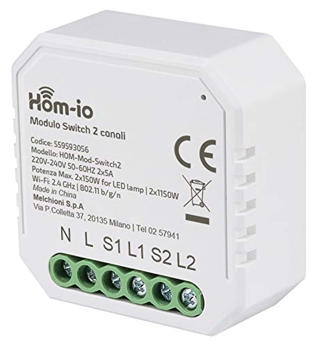 Hom-io | Einbauswitch-Modul 10A 2-Kanal 2x5A, WiFi-Switch zur Fernbedienung von Licht und Geräten, Bedienung per App oder Schalter, Kompatibel mit Alexa und Google Home