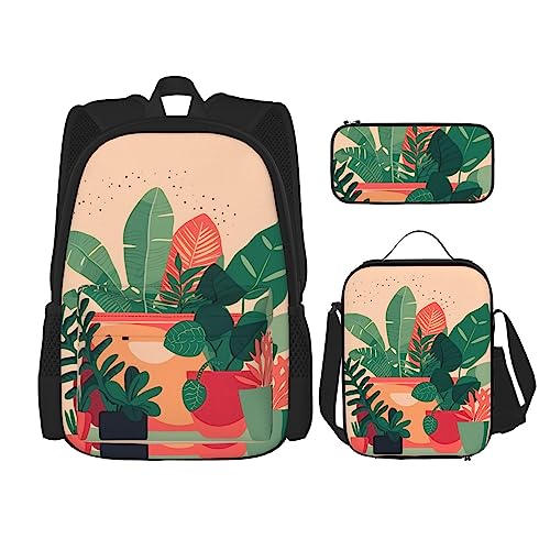 Rucksack für den Innenbereich, kleine grüne Pflanzen, 3-teilig, Schultasche mit Lunchbox und Federmäppchen, geeignet für Jungen und Mädchen, Schwarz , Einheitsgröße, Kinderrucksack