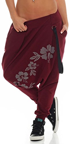 Malito Damen Haremshose mit tiefem Schnitt | Hose mit Flower Print | Baggy zum Tanzen | Sweatpants - Jogginghose 91085 (Bordeaux)