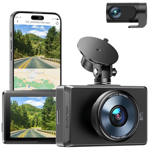 WOLFANG Dashcam Auto Vorne Hinten, 4K/2.5K Dual Dash Cam, GPS WiFi Dash Cam, Auto Dashboard Recorder, 3" IPS-Bildschirm, Nachtsicht-Loop-Aufnahme 170 ° Weitwinkel WDR, unterstützt 256 GB Max