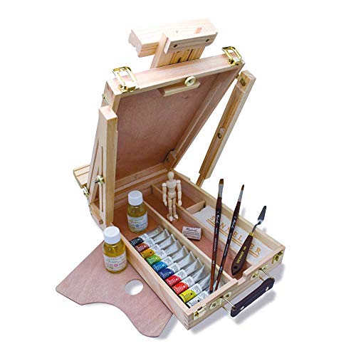 Sennelier Rive Gauche Wood Easel Box Set by, Includes 10-21ml Tubes of Oil Color, 4.75 Inch Mannequin, Palette Knife, 100ml Thinner, 100ml Liquid Medium (10-130329-00)