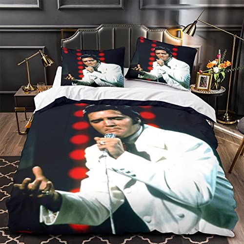 Elvis Presley Bettbezug-Set, 3D-Rock'n' Roll, bedruckter Bettbezug mit Reißverschluss, Singer-Bettwäsche-Set mit Kissenbezügen für Kinder und Erwachsene, weiche Mikrofaser-Doppelbett (200 x 200 cm)
