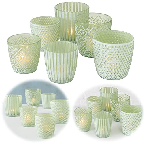 LS-LebenStil 6X Glas Teelichthalter Retro Grün Weiß 7-9cm Windlicht-Halter Kerzenständer
