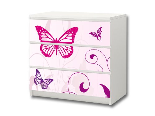 Stikkipix Butterfly Möbelsticker/Aufkleber - M3K04 - passend für die Kommode mit 3 Fächern/Schubladen MALM von IKEA - Bestehend aus 3 passgenauen Kinderzimmer Möbelfolien (Möbel nicht inklusive)