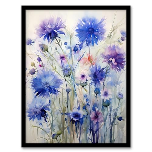 Cornflower Wildflower Meadow Watercolour Painting Artwork Framed Wall Art Print A4