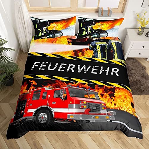 3D Feuerwehrauto Bettwäsche 155x220, Flamme Weiche Microfaser Reisverschluss Bettwäsche-Sets Kinder und Jugendliche Bettbezug mit 2 Kissenbezug 80x80 cm