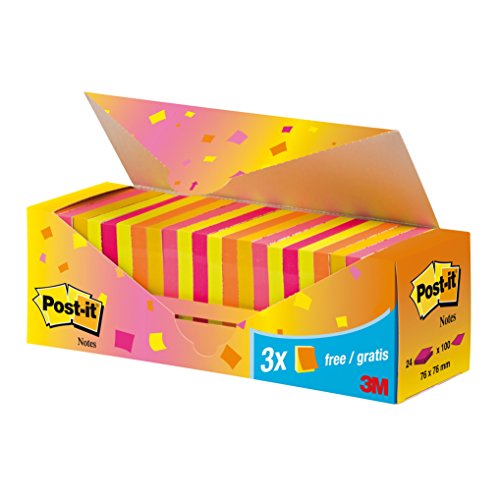 Post-it 654NP24 Haftnotiz Notes Promotion, 24 Blöcke 100 Blatt im Karton, 76 x 76 mm, neonorange/gelb/pink/mandarinenorange