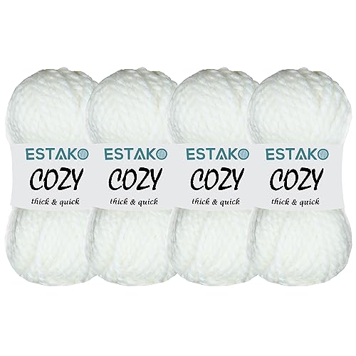 Estako Cozy Thick & Quick Garn (4 Knäuel Packung), 20 % Wolle, 80 % Acryl, weich, super sperriges Gewicht, #6 Strick- und Häkelgarn, 4 x 100 g, 4 x 65 Jahre (50187-weiß)