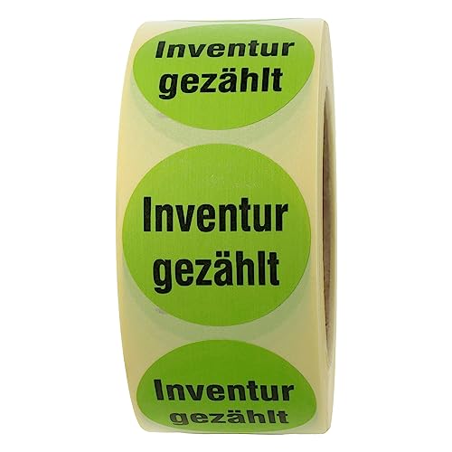 Labelident Inventuretiketten auf Rolle Ø 50 mm rund - Inventur gezählt - 1000 Inventuraufkleber grün, Papier selbstklebend