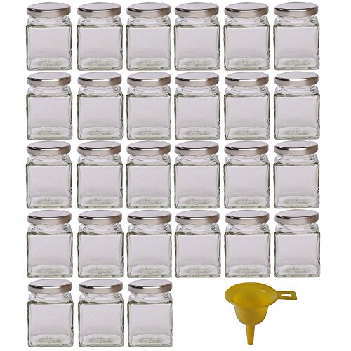 Viva Haushaltswaren - 27 x kleines Marmeladenglas / Gewürzglas 106 ml mit silberfarbenem Schraubverschluss, Gläser Set mit Deckel für Gewürze, Konfitüre, Salz etc. verwendbar (inkl. Trichter)